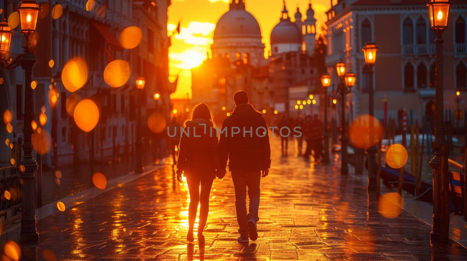 Couple on vacation in Venice, Italy - Two lovers enjoying the sunset on a city street - The concept of tourism and love is presented