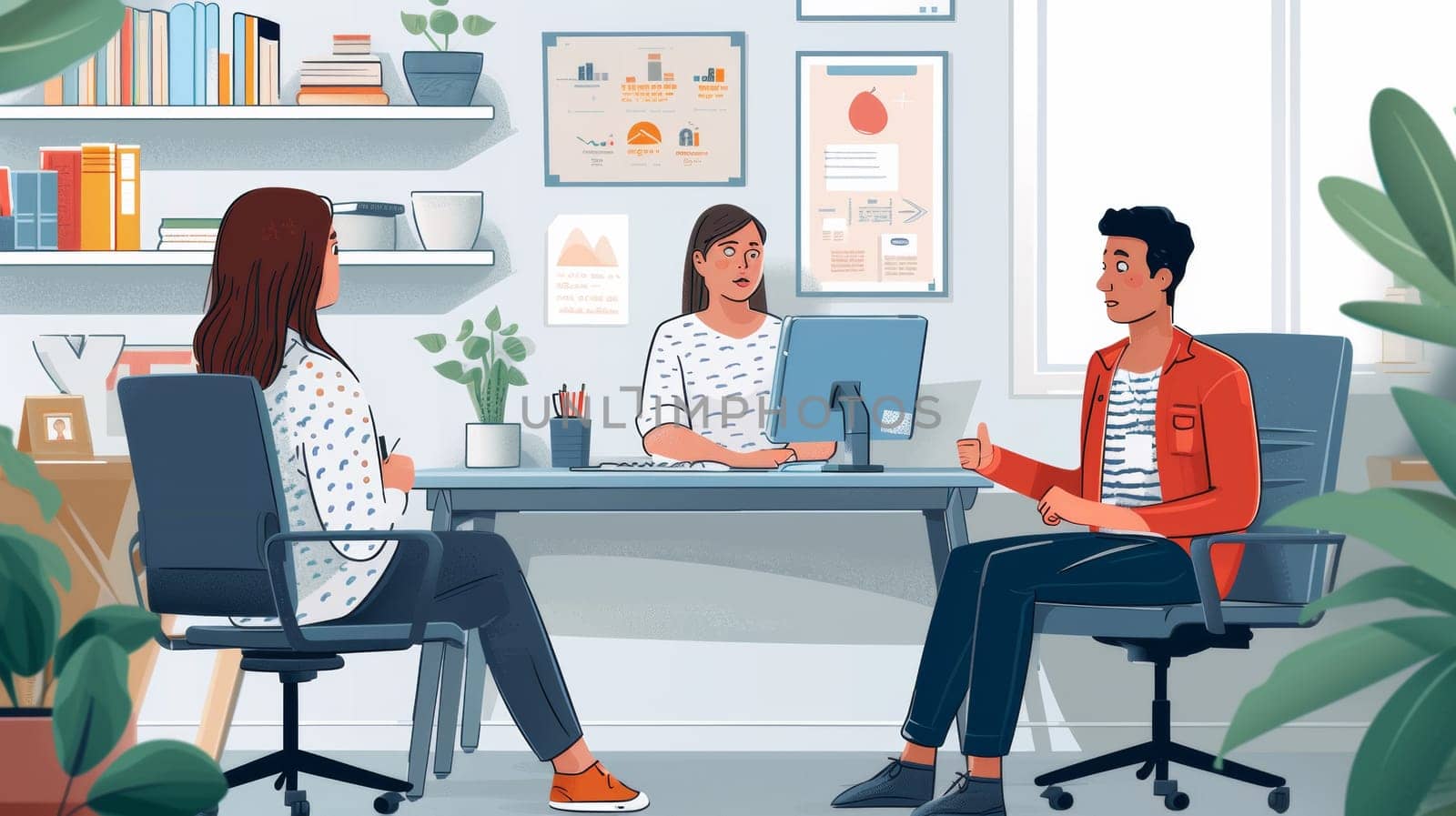 A cartoon illustration of two people sitting at a desk talking to each other