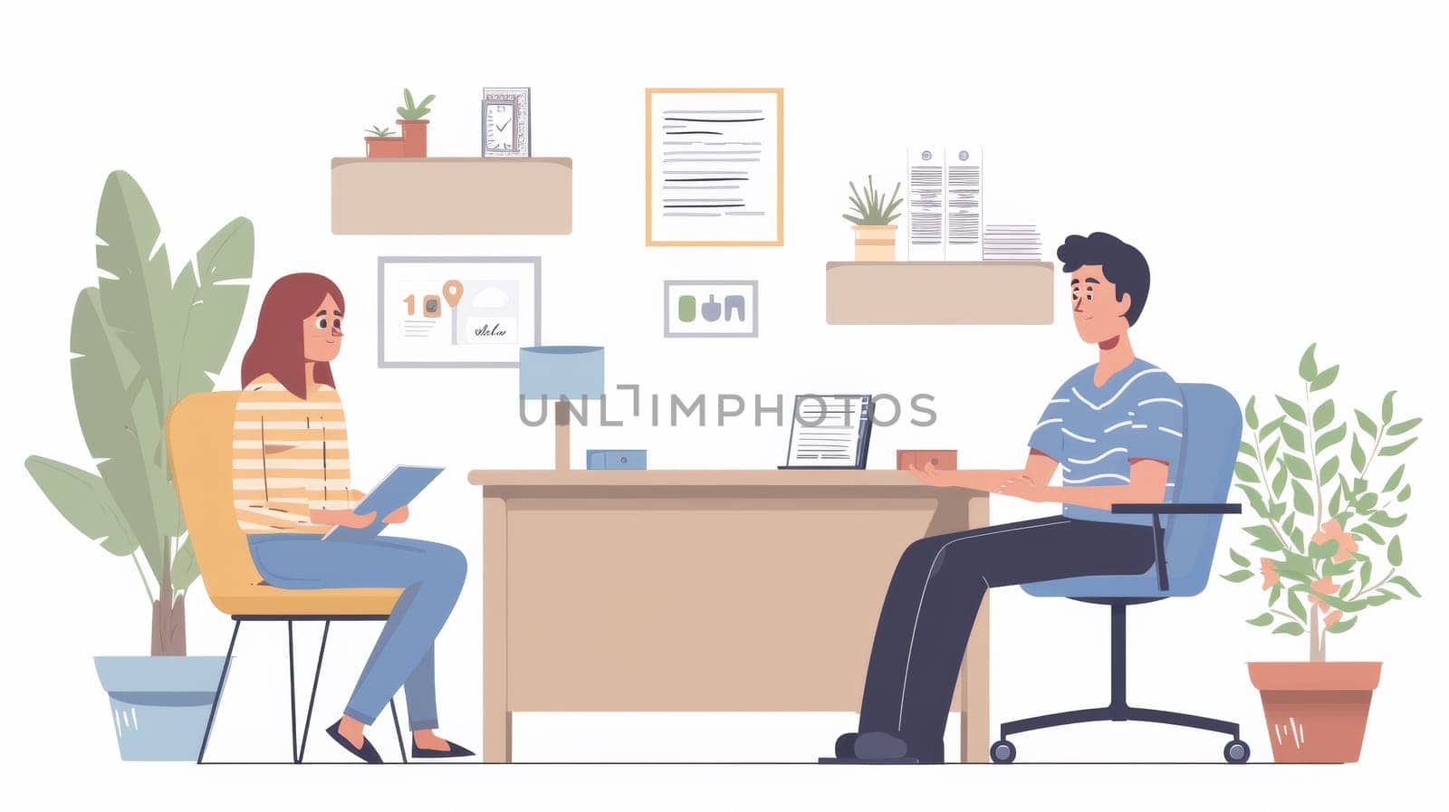 A man and woman sitting at a desk with laptop, AI by starush