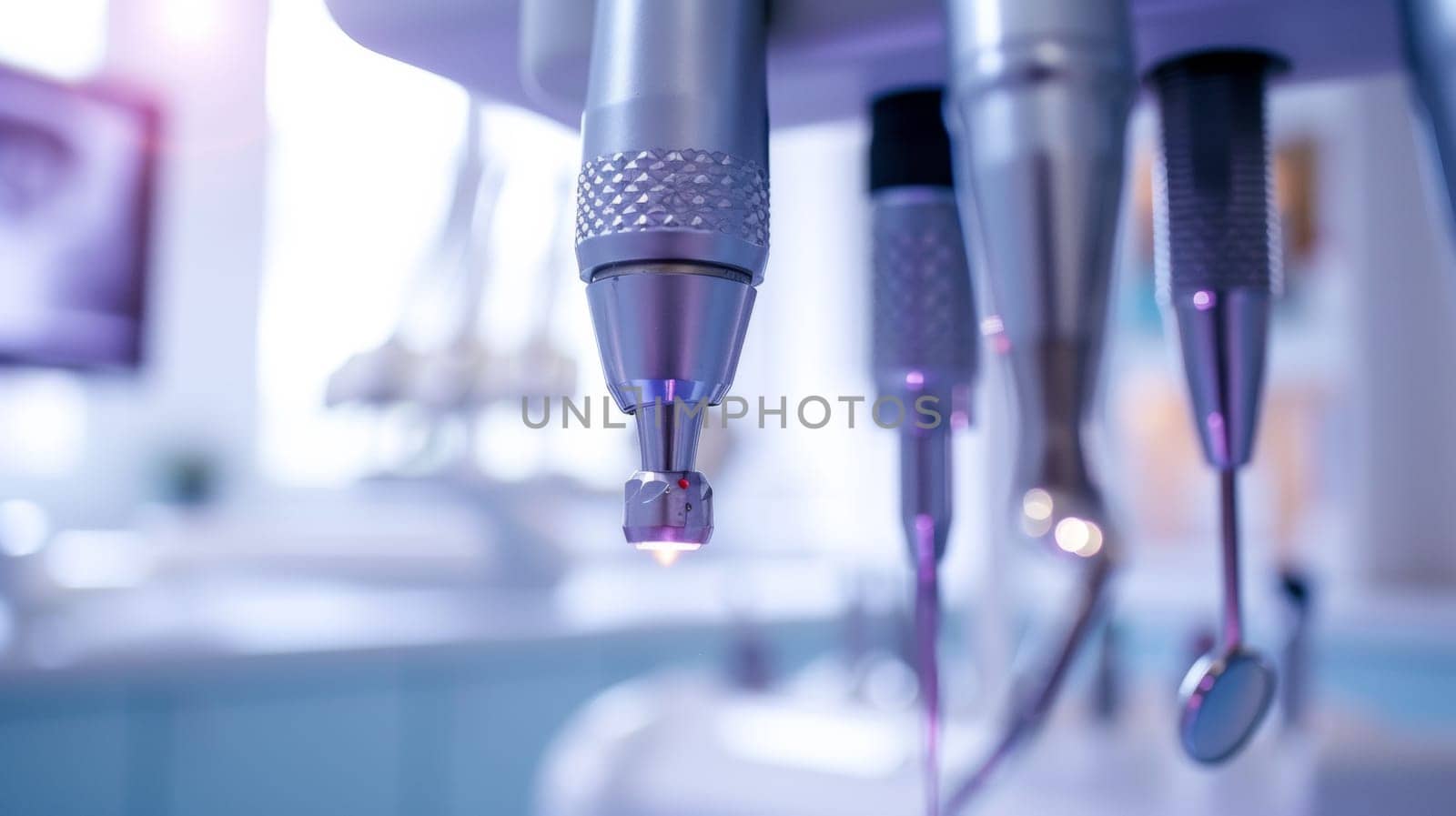 A close up of a dental drill and other tools in the dentist's office