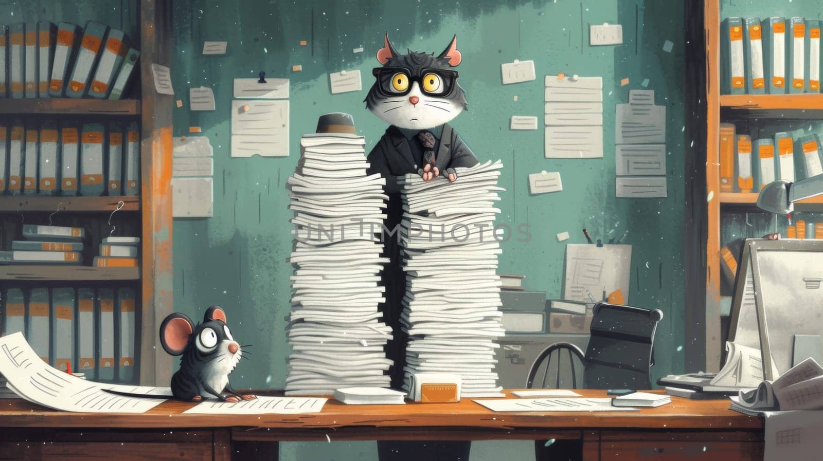 A cartoon mouse and cat sitting on top of a stack of papers, AI by starush