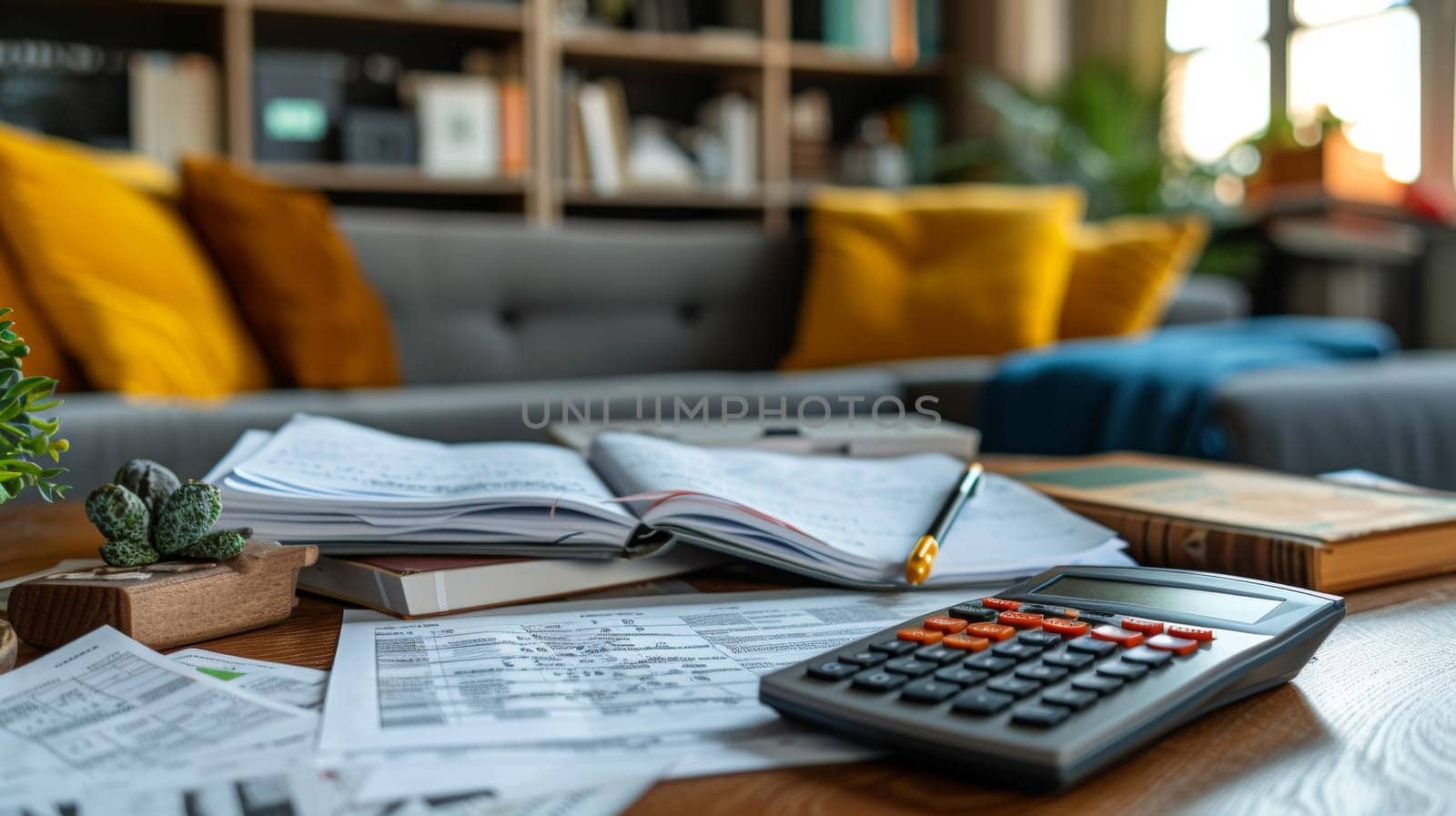 A table with a calculator, books and papers on it