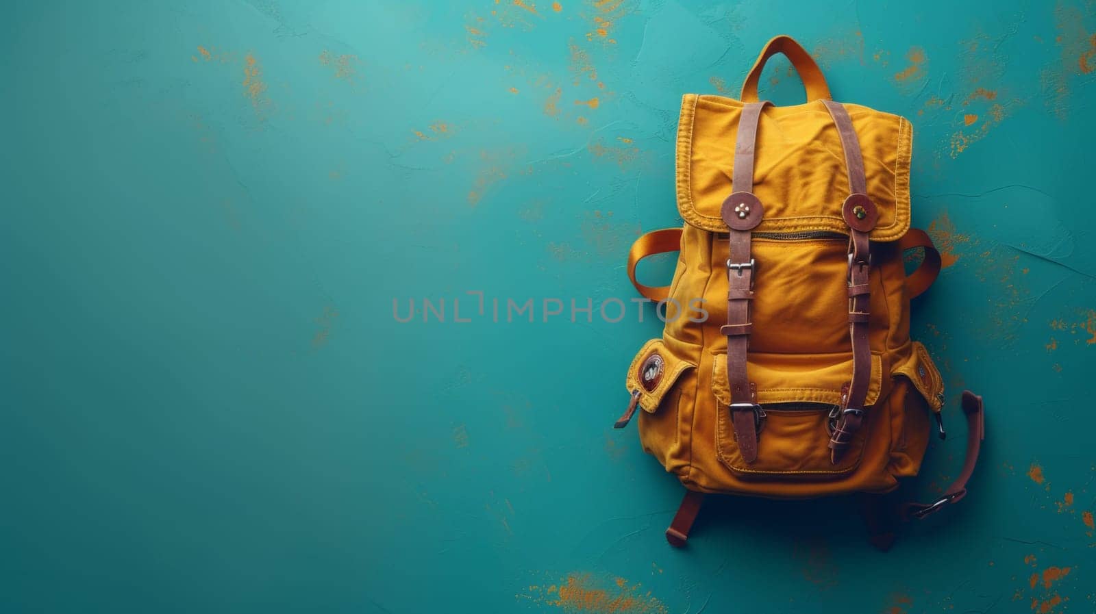 Printed backpack with an airplane on a colored background. Concept for World Tourism Day by Andrei_01