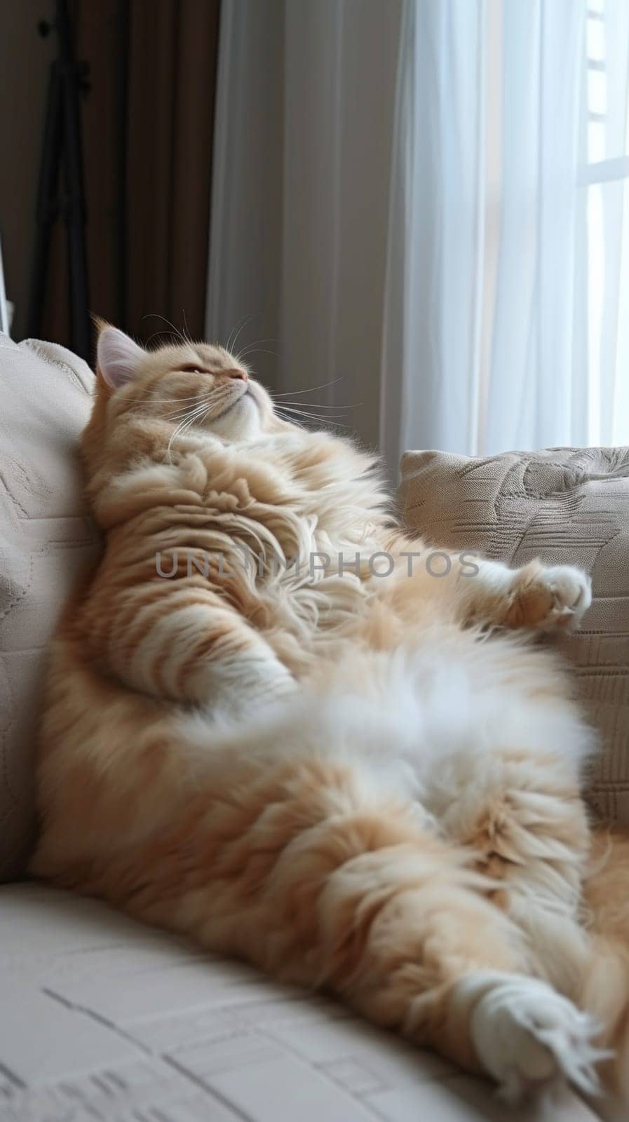 A large orange cat laying on its back in a chair, AI by starush