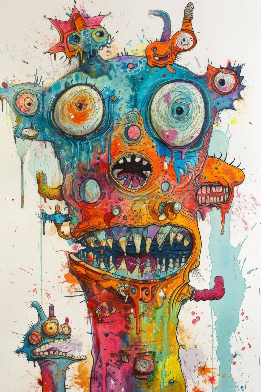 A colorful painting of a monster with many eyes and mouths