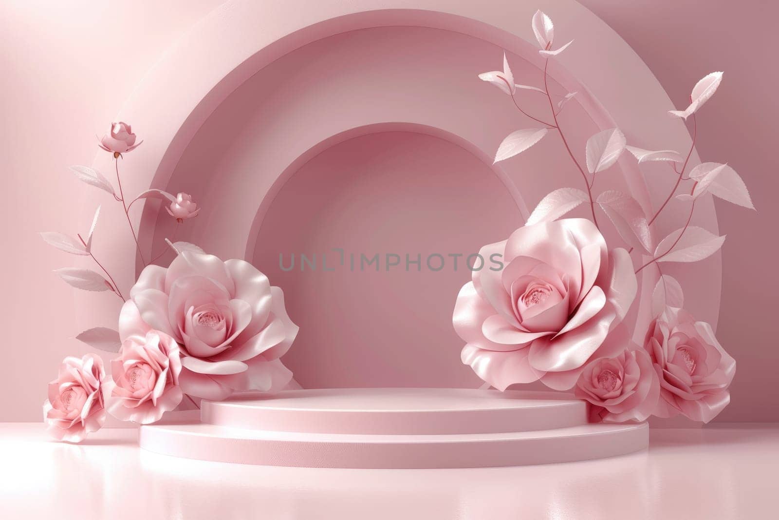 Podium background flower rose product for advertising. Generative AI by itchaznong