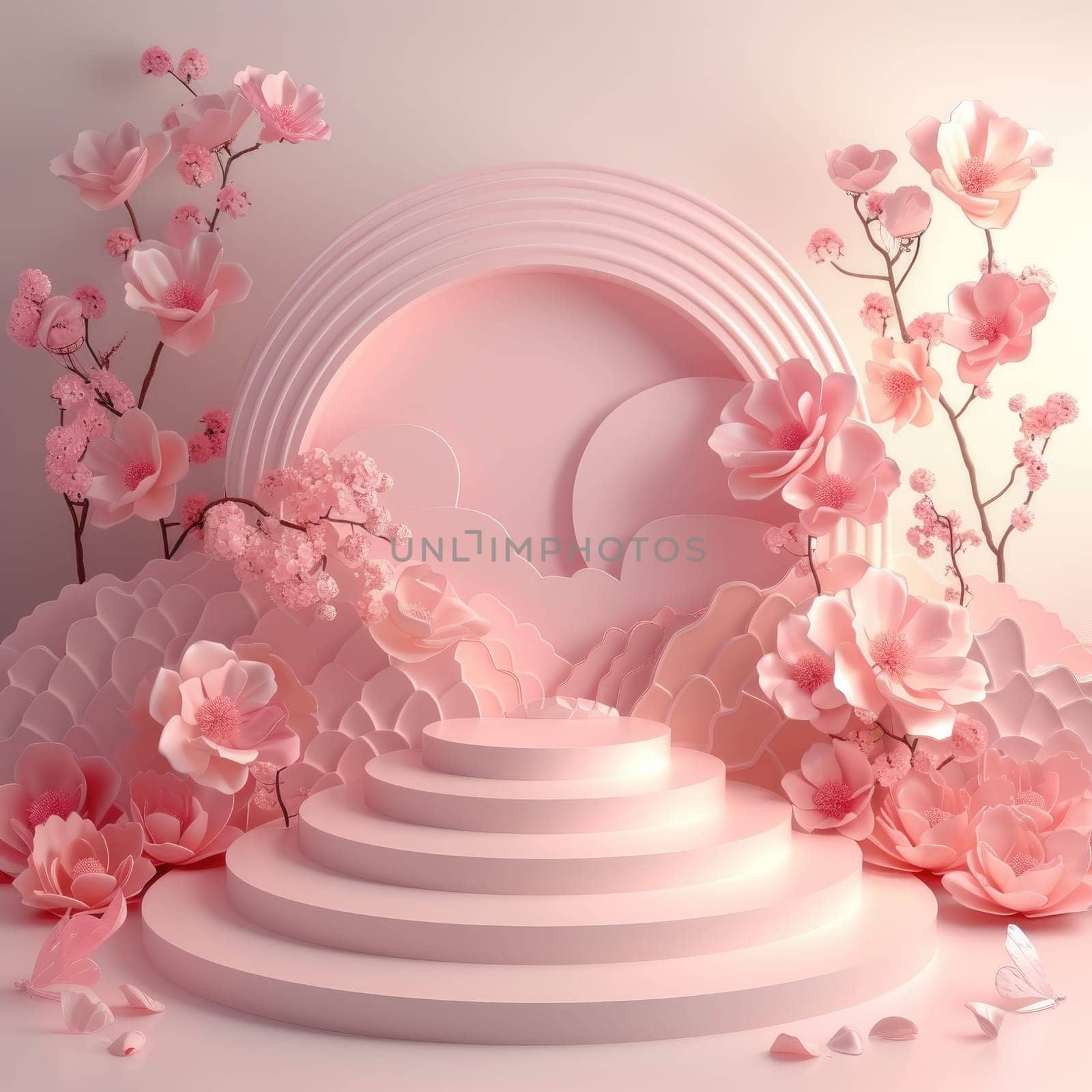 Podium background flower rose product for advertising. Generative AI by itchaznong