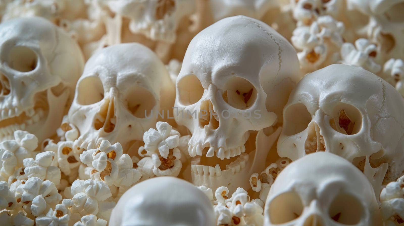 A bunch of skulls are sitting on top of popcorn