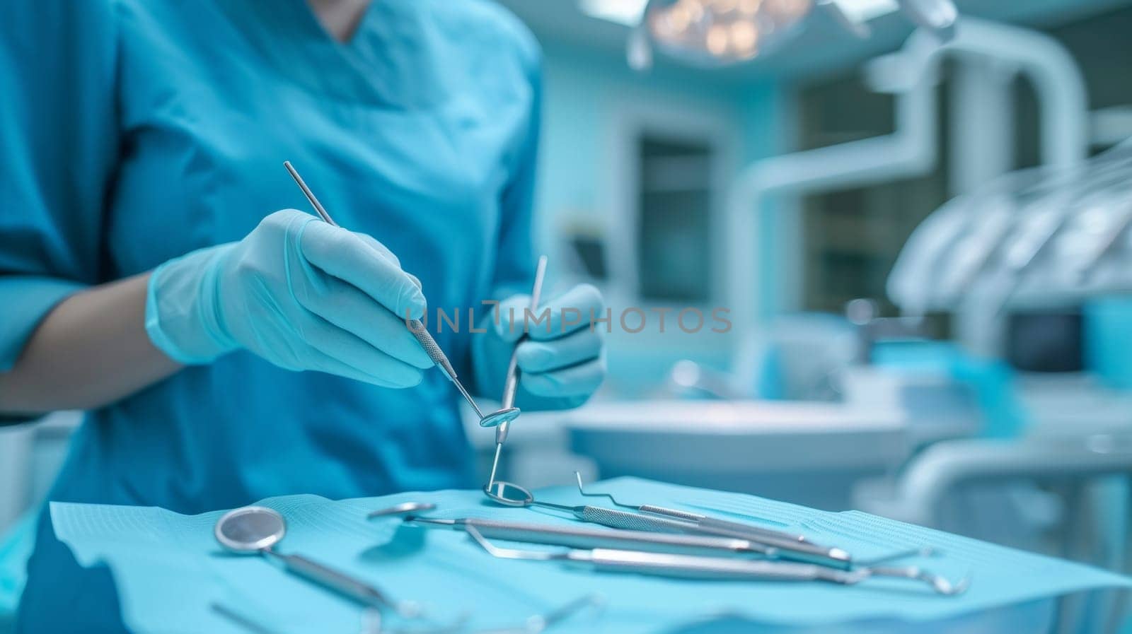 A person in blue scrubs holding a pair of scissors and dental tools
