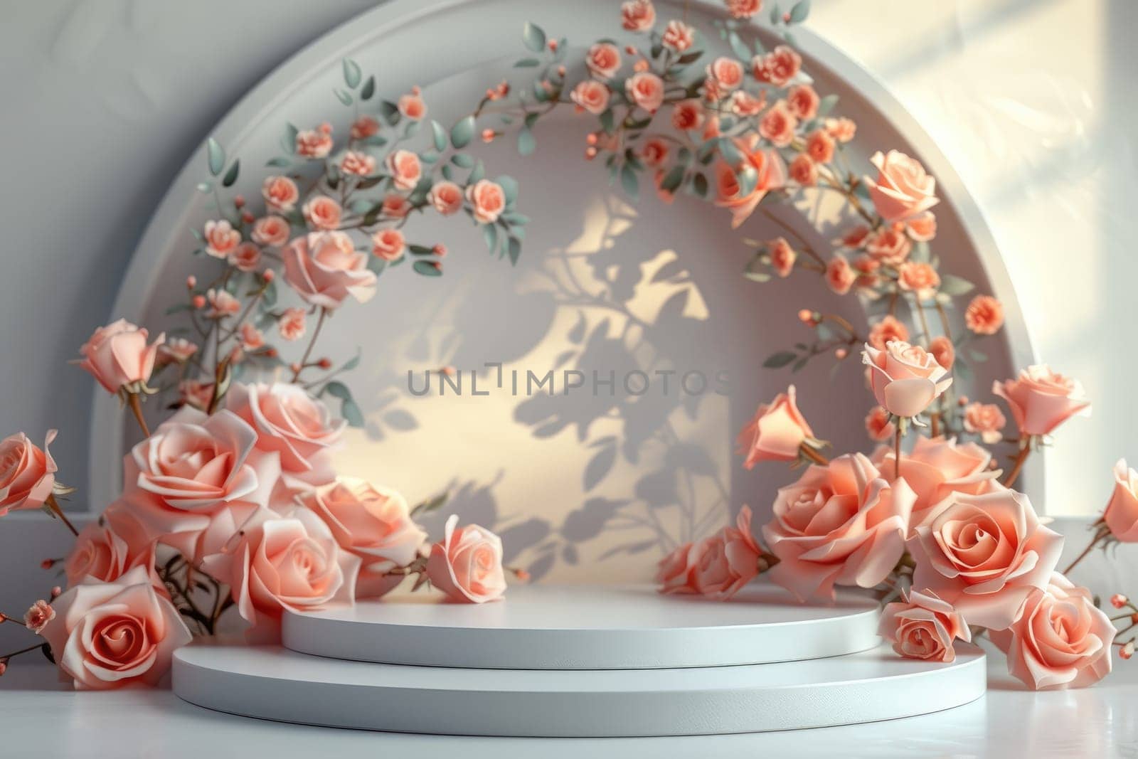 Podium background flower rose product for advertising. Generative AI.