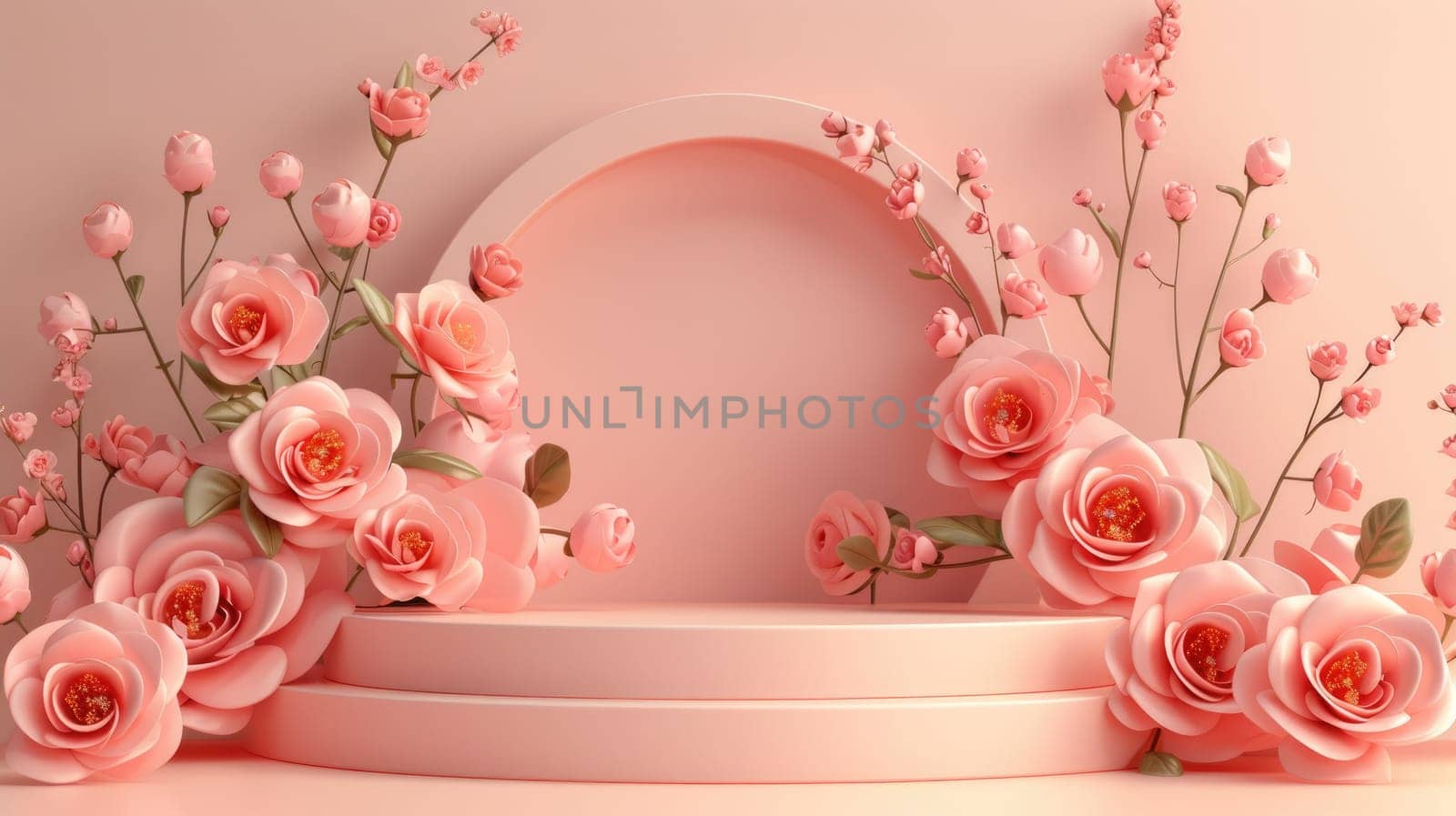 Podium background flower rose product for advertising. Generative AI.