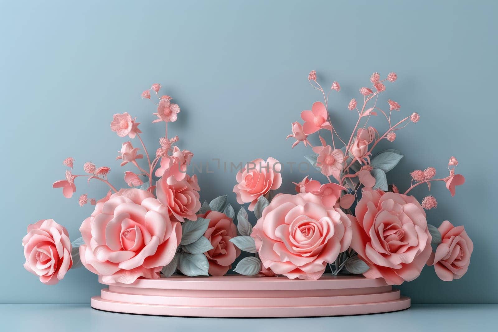 Podium background flower rose product for advertising. Generative AI by itchaznong