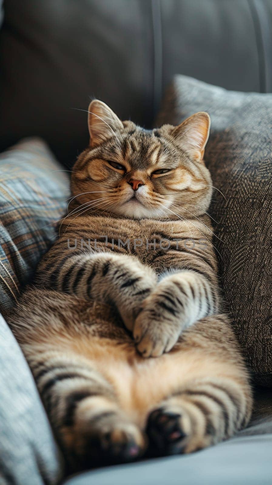 A cat is laying on a couch with its paws folded