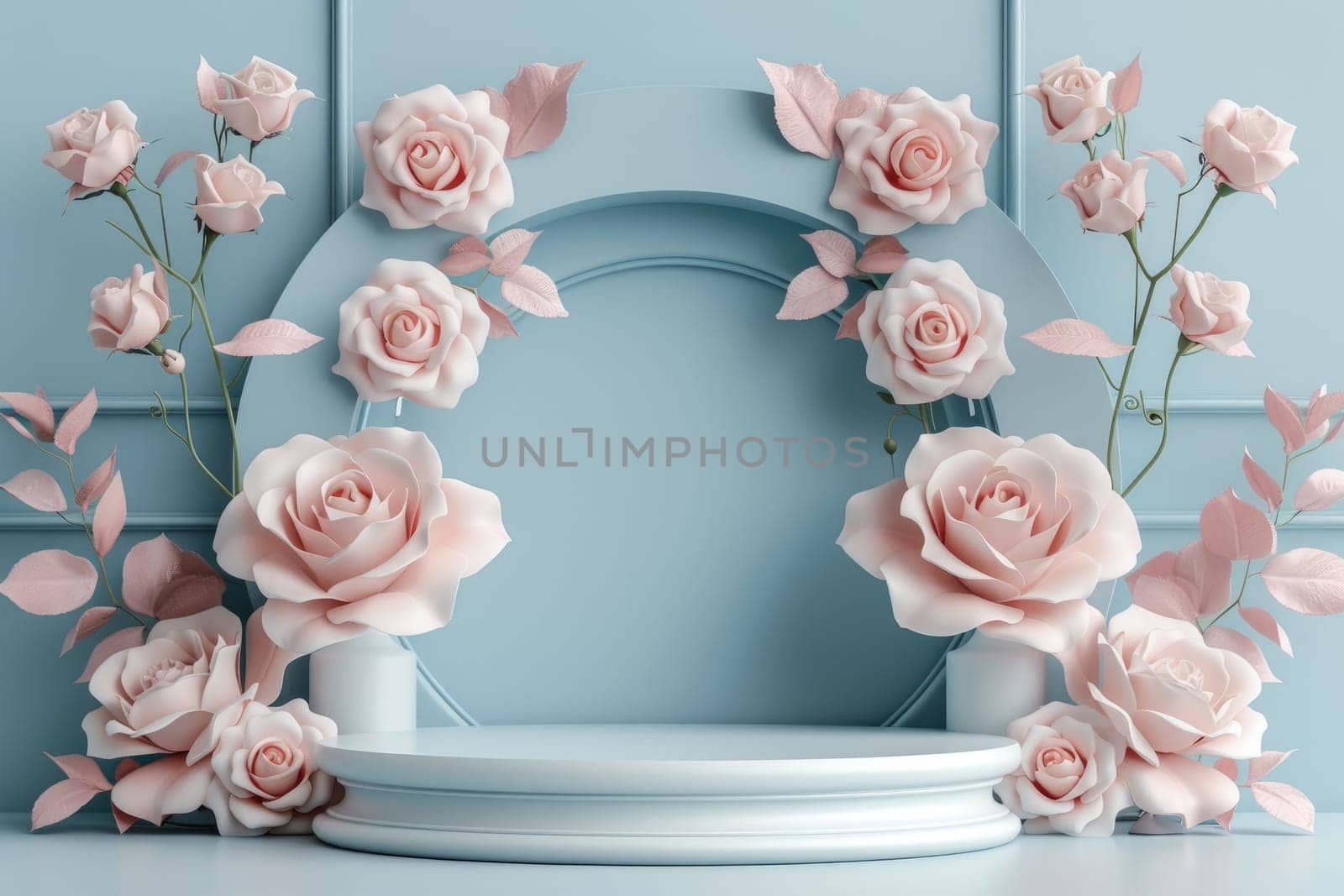 Podium background flower rose product for advertising. Generative AI by itchaznong