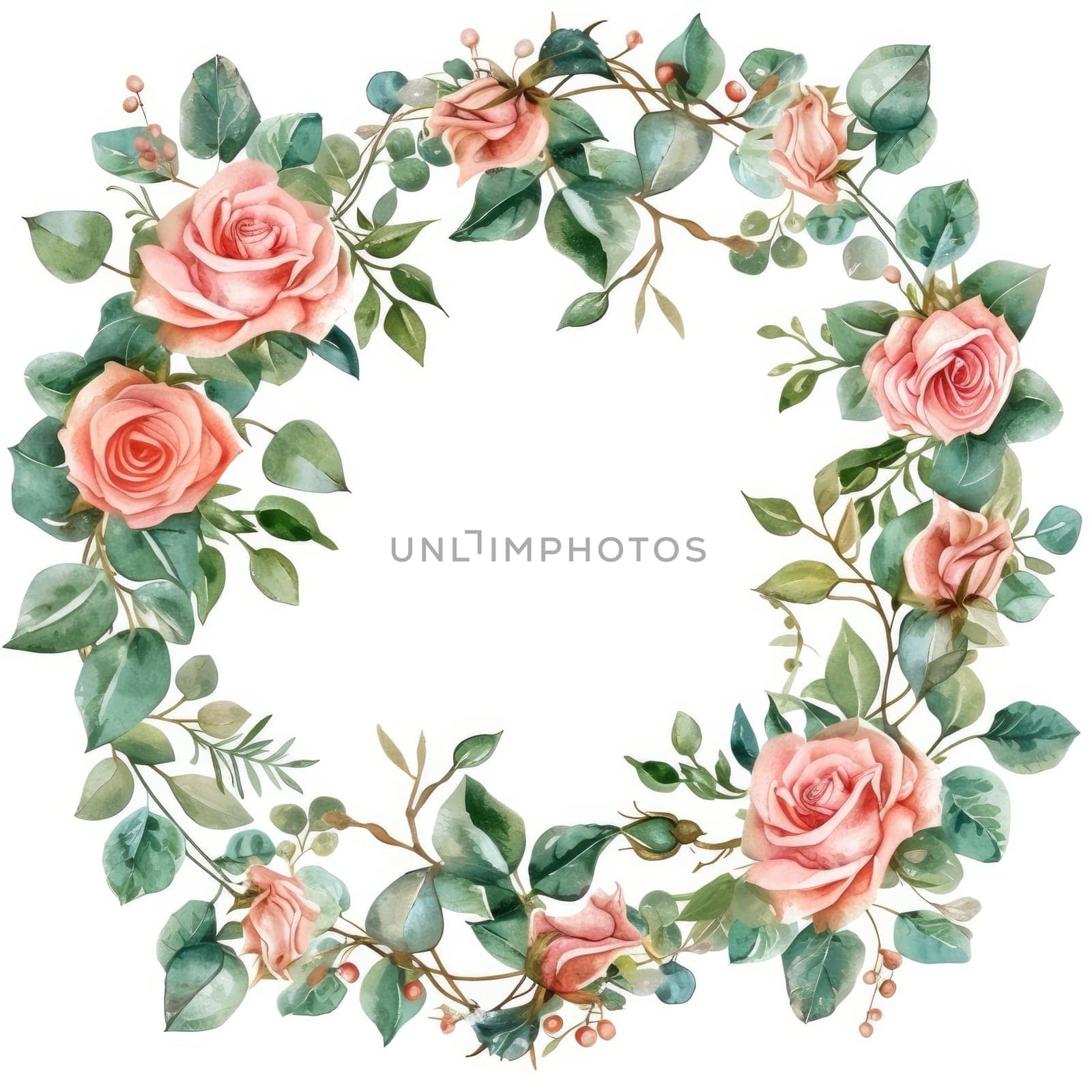 Watercolor flowers frame illustration for greeting card. Generative AI.