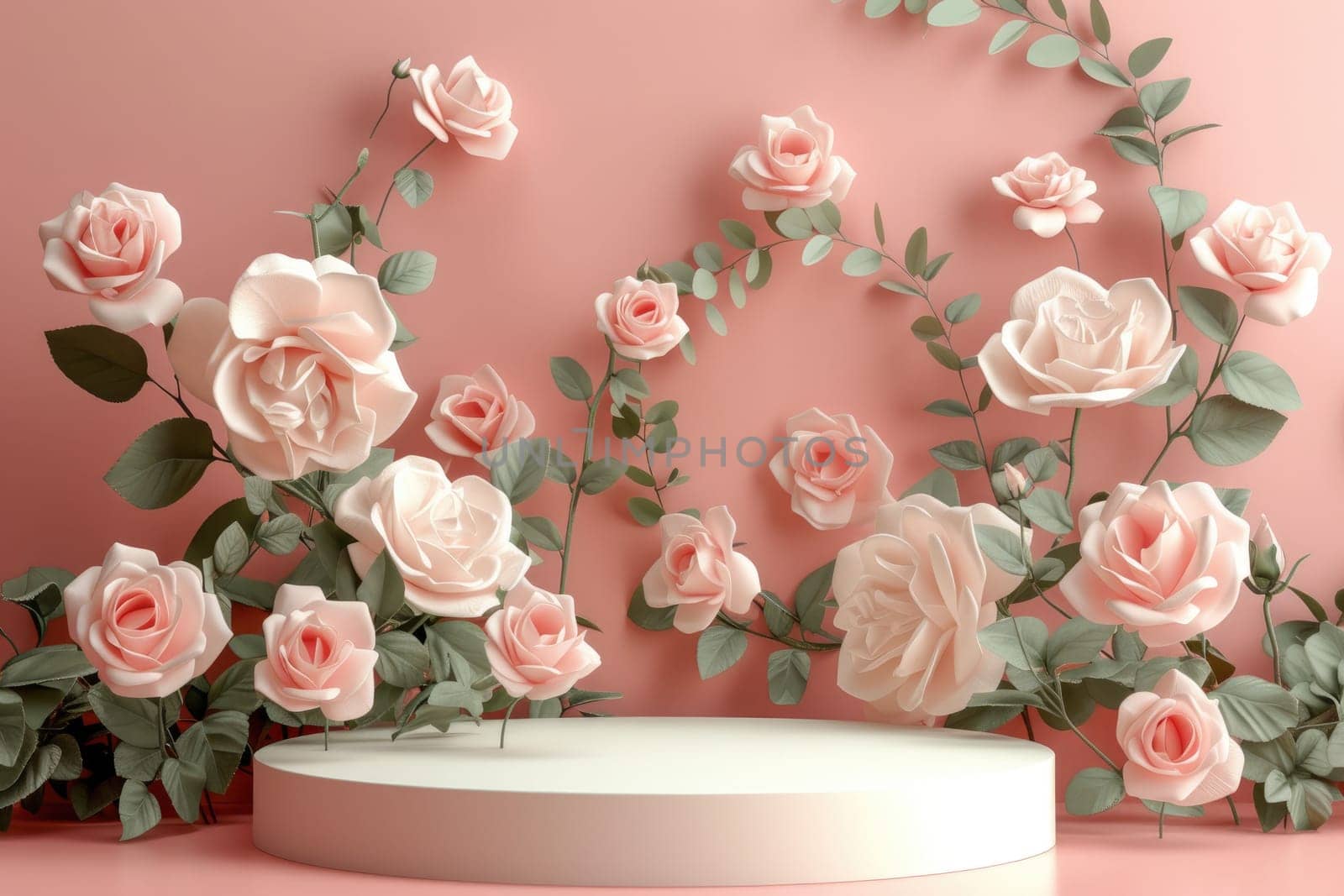 Podium background flower rose product for advertising. Generative AI by itchaznong