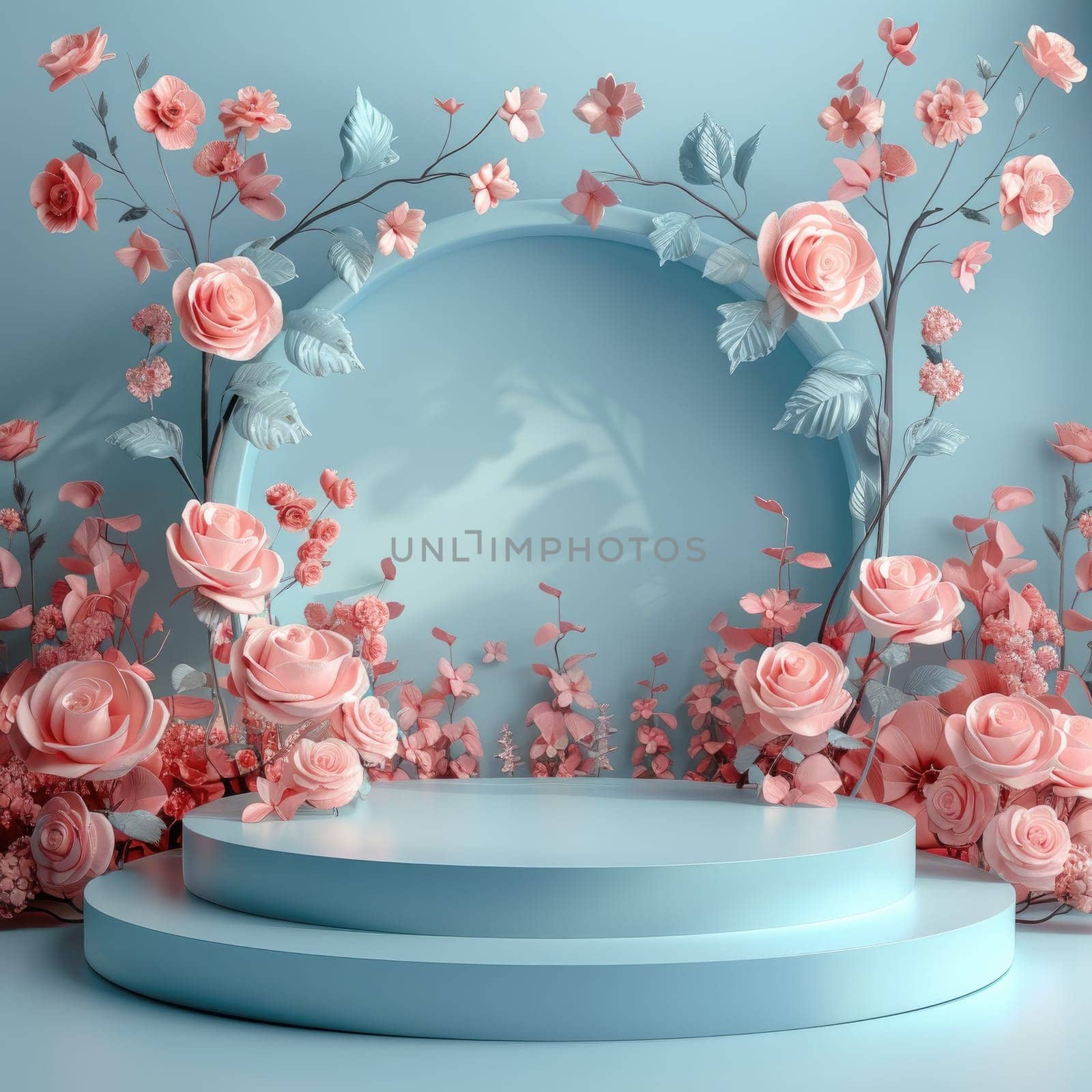 Podium background flower rose product for advertising. Generative AI by itchaznong