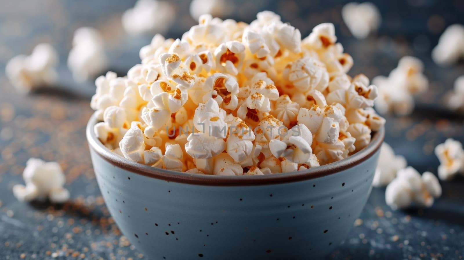 A close up of a bowl filled with popcorn on top of some spilled