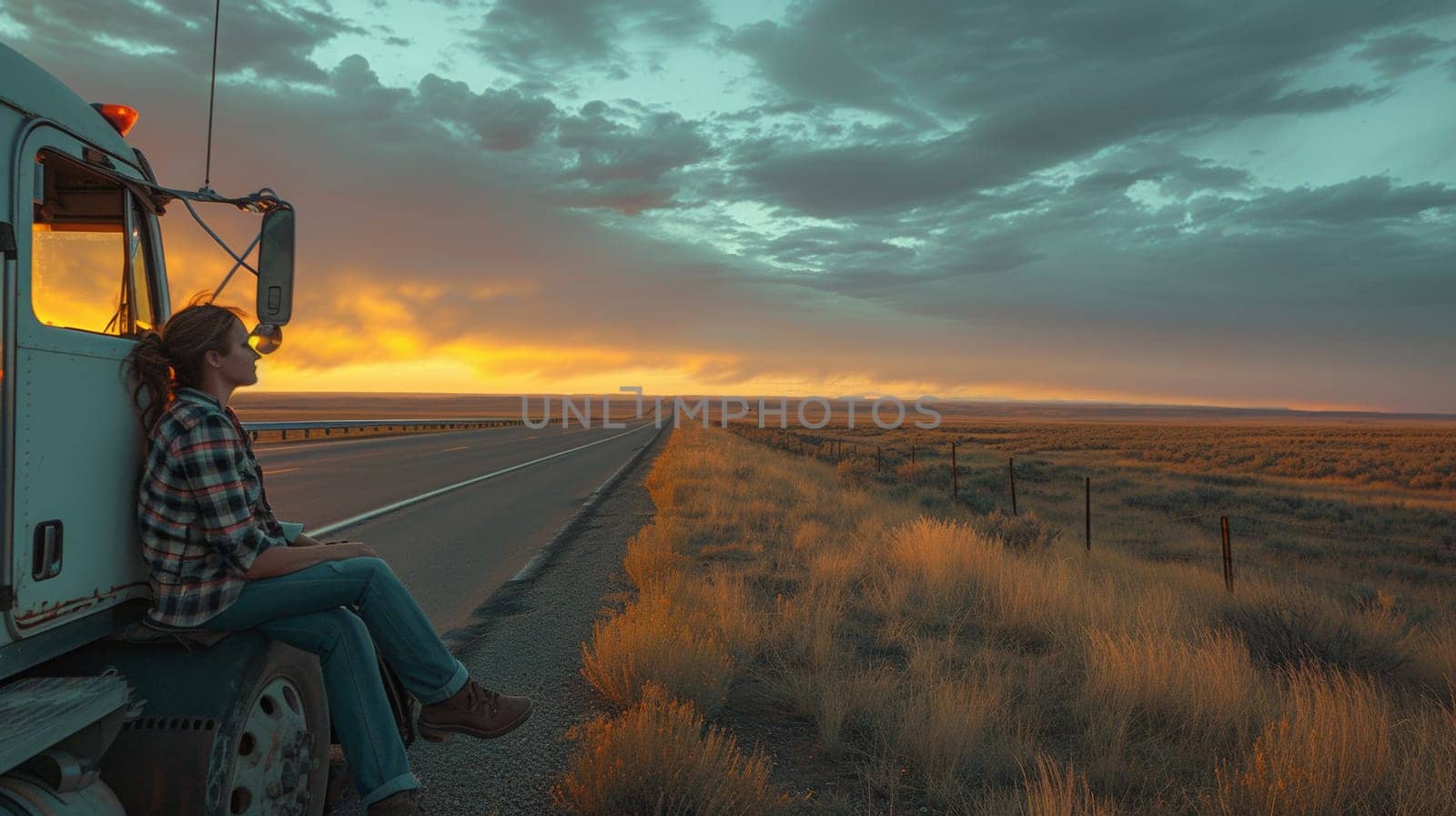 A woman sitting on the side of a truck looking out at sunset, AI by starush