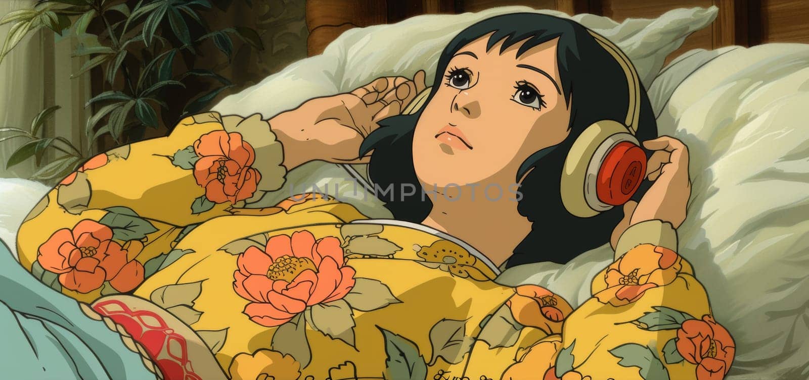 A woman laying in bed with headphones on listening to music, AI by starush