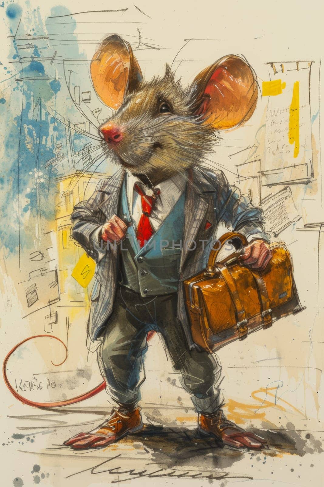 A drawing of a mouse in suit and tie holding briefcase, AI by starush