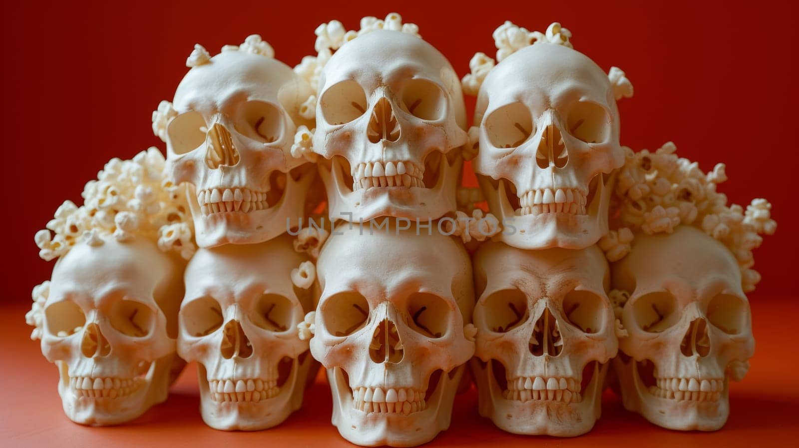 A pile of human skulls with popcorn on top, AI by starush