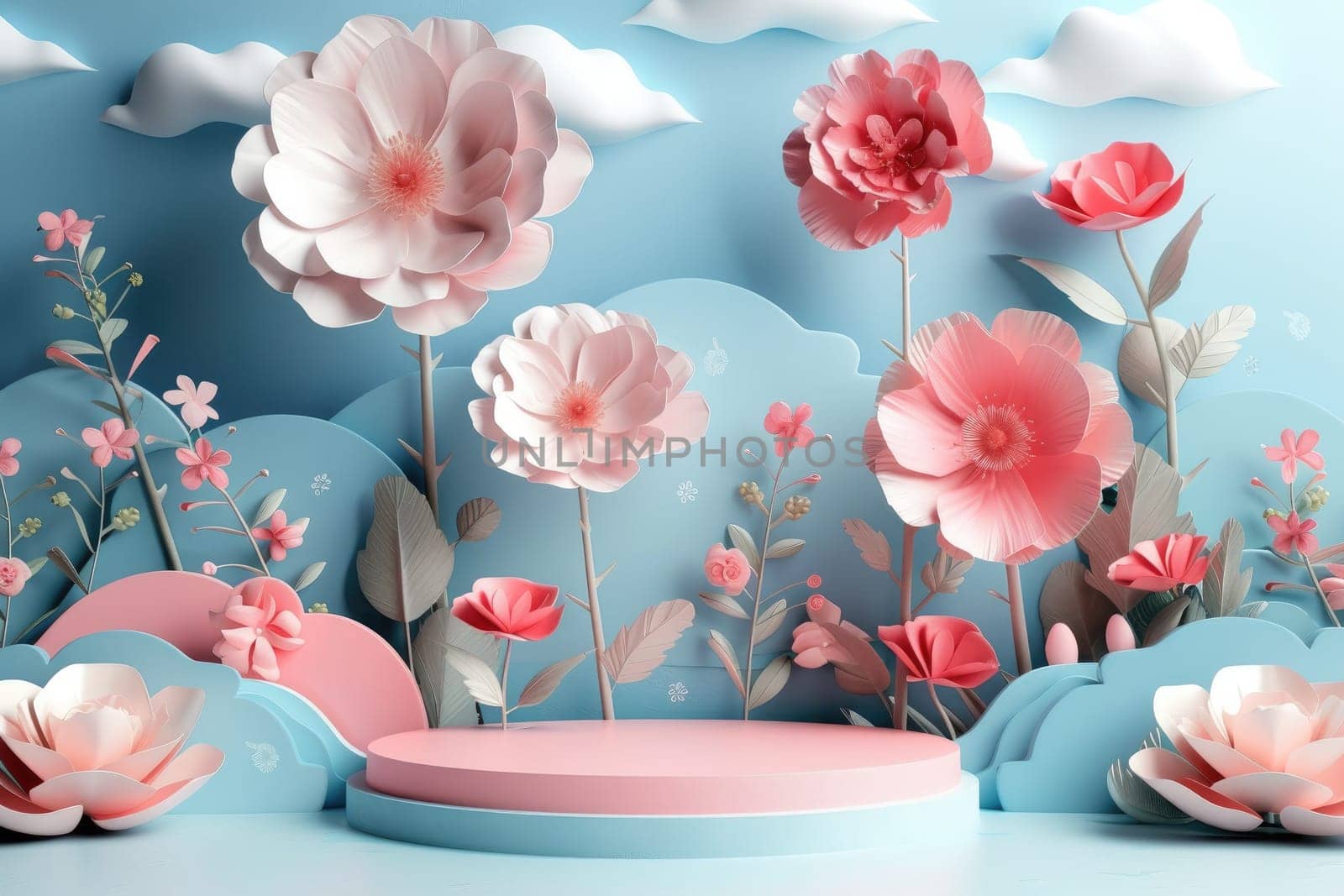 Podium background flower rose product for advertising. Generative AI.