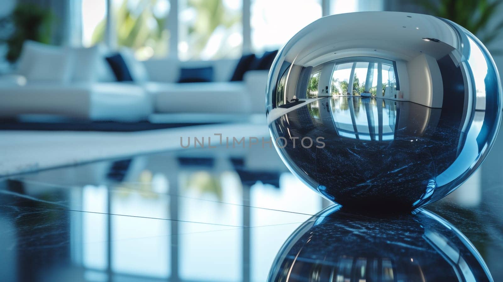 A shiny object on a black table with white walls