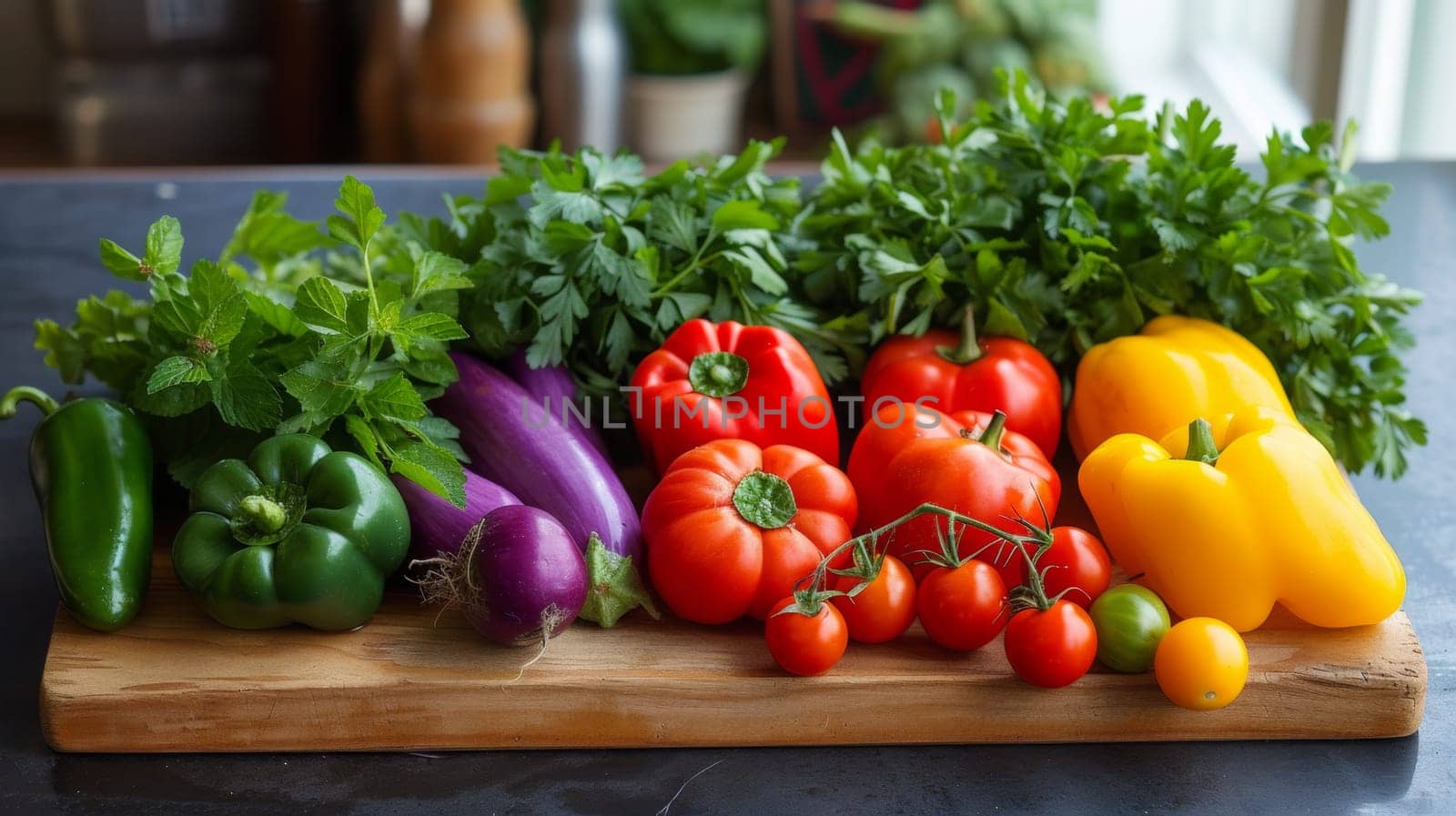 A wooden cutting board with a variety of vegetables on it