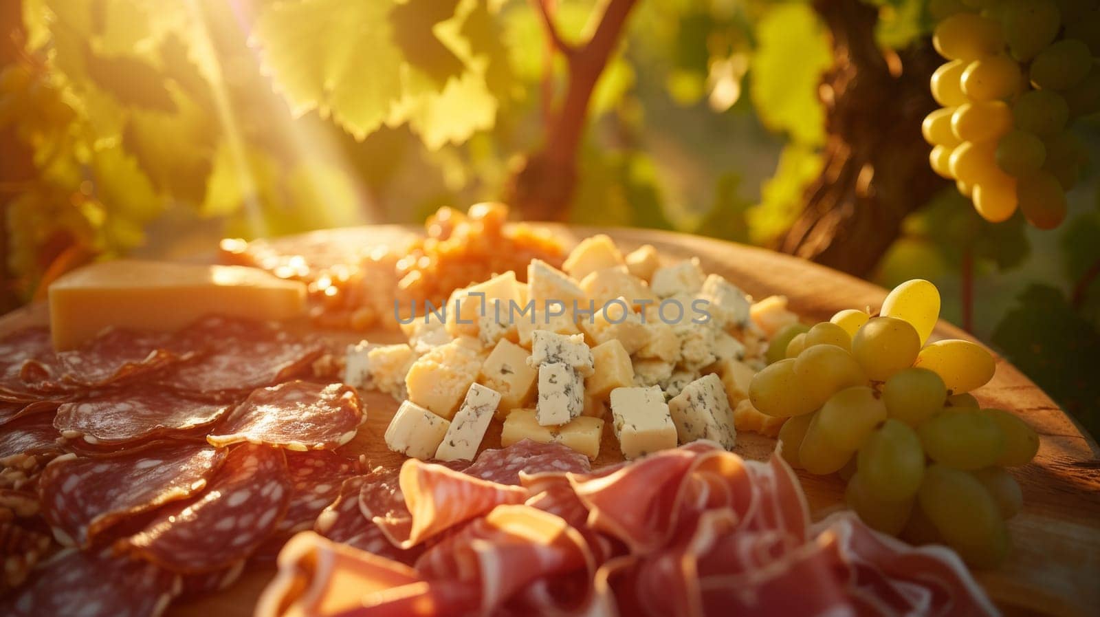 A table with cheese, meats and grapes on it