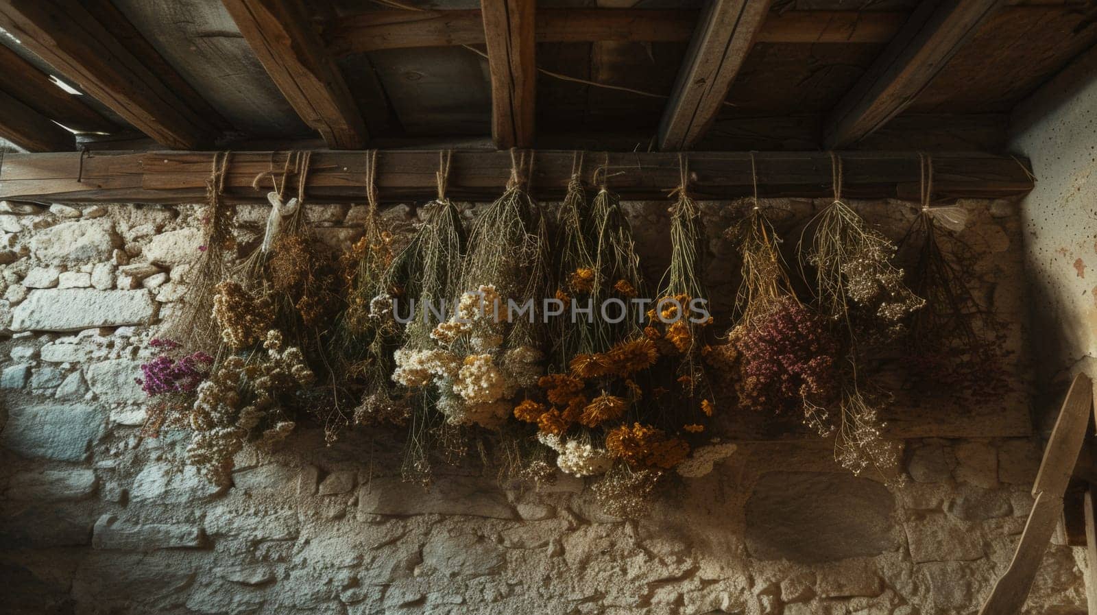 A bunch of dried flowers hanging from a stone wall