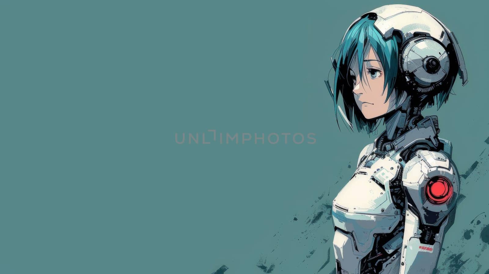 A female robot with blue hair and a white helmet, AI by starush