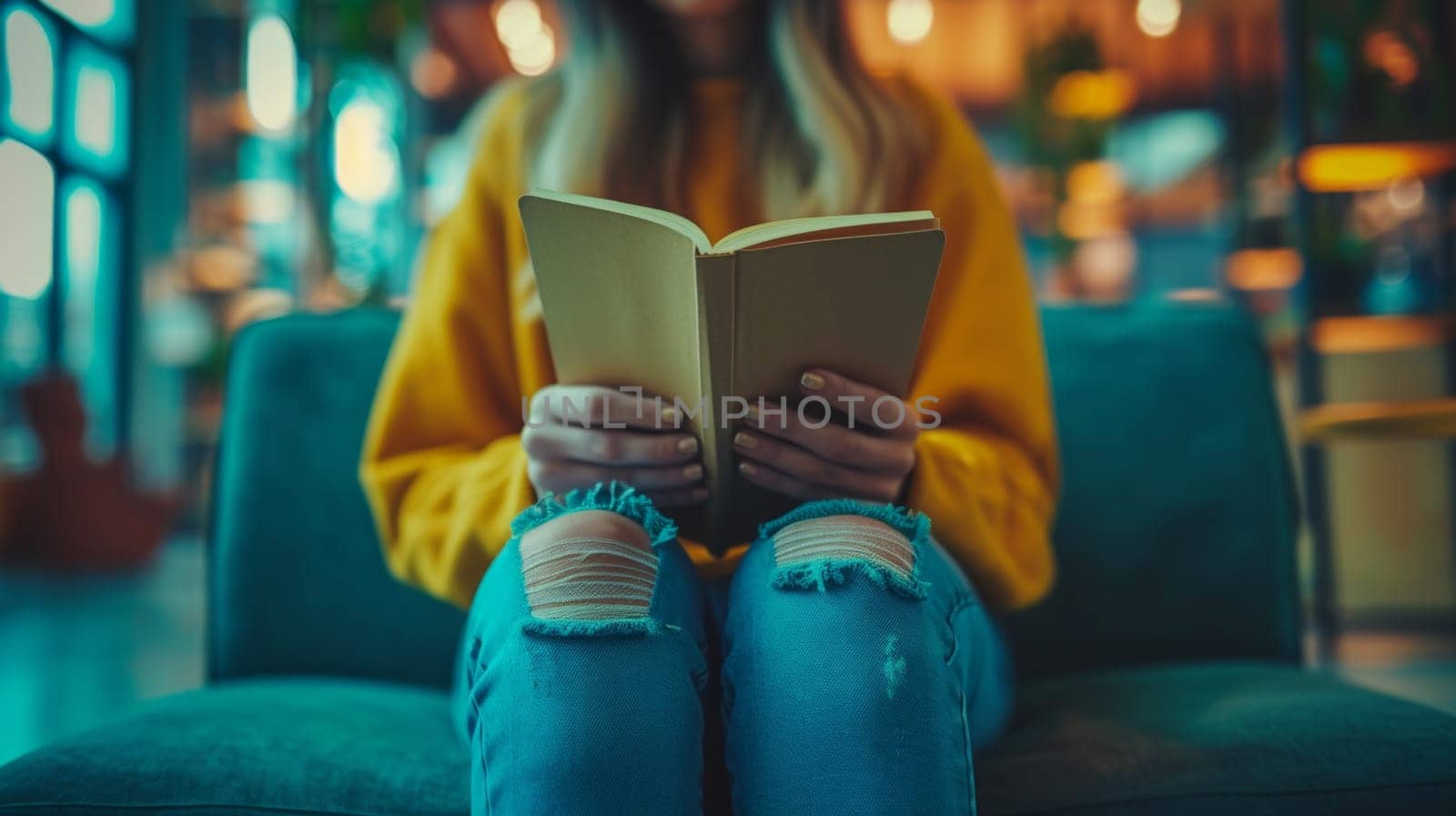 A woman sitting on a couch reading a book