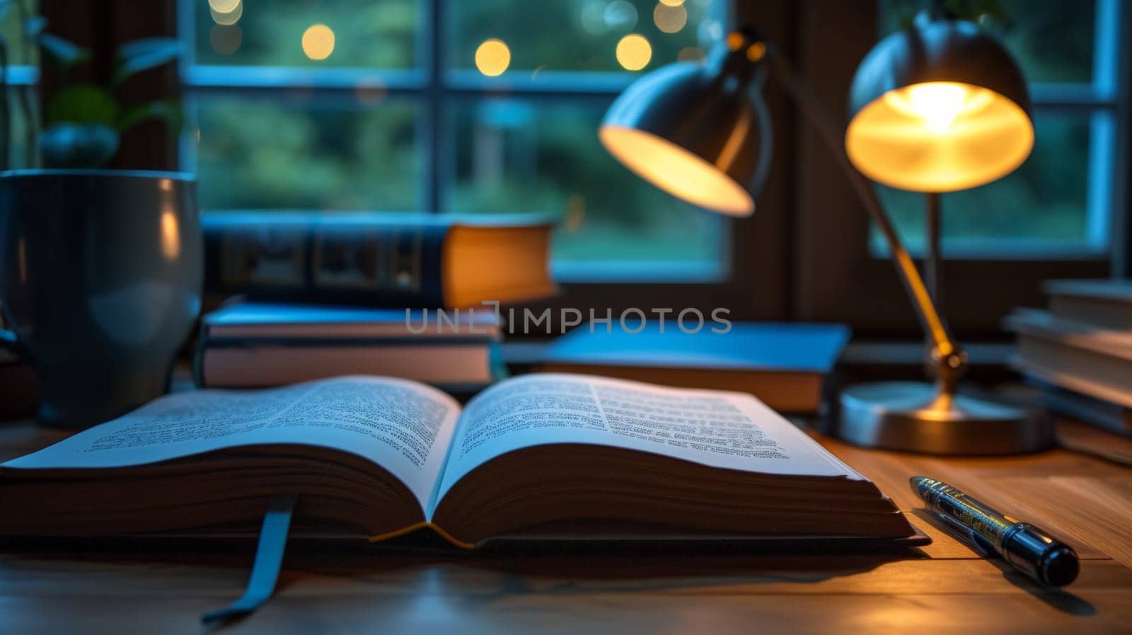 A book open on a table with two lamps and other items