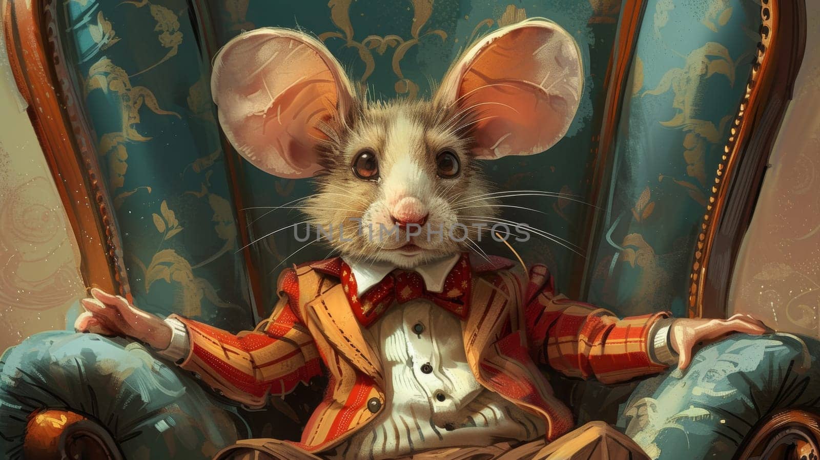 A mouse in a suit sitting on top of an ornate chair, AI by starush
