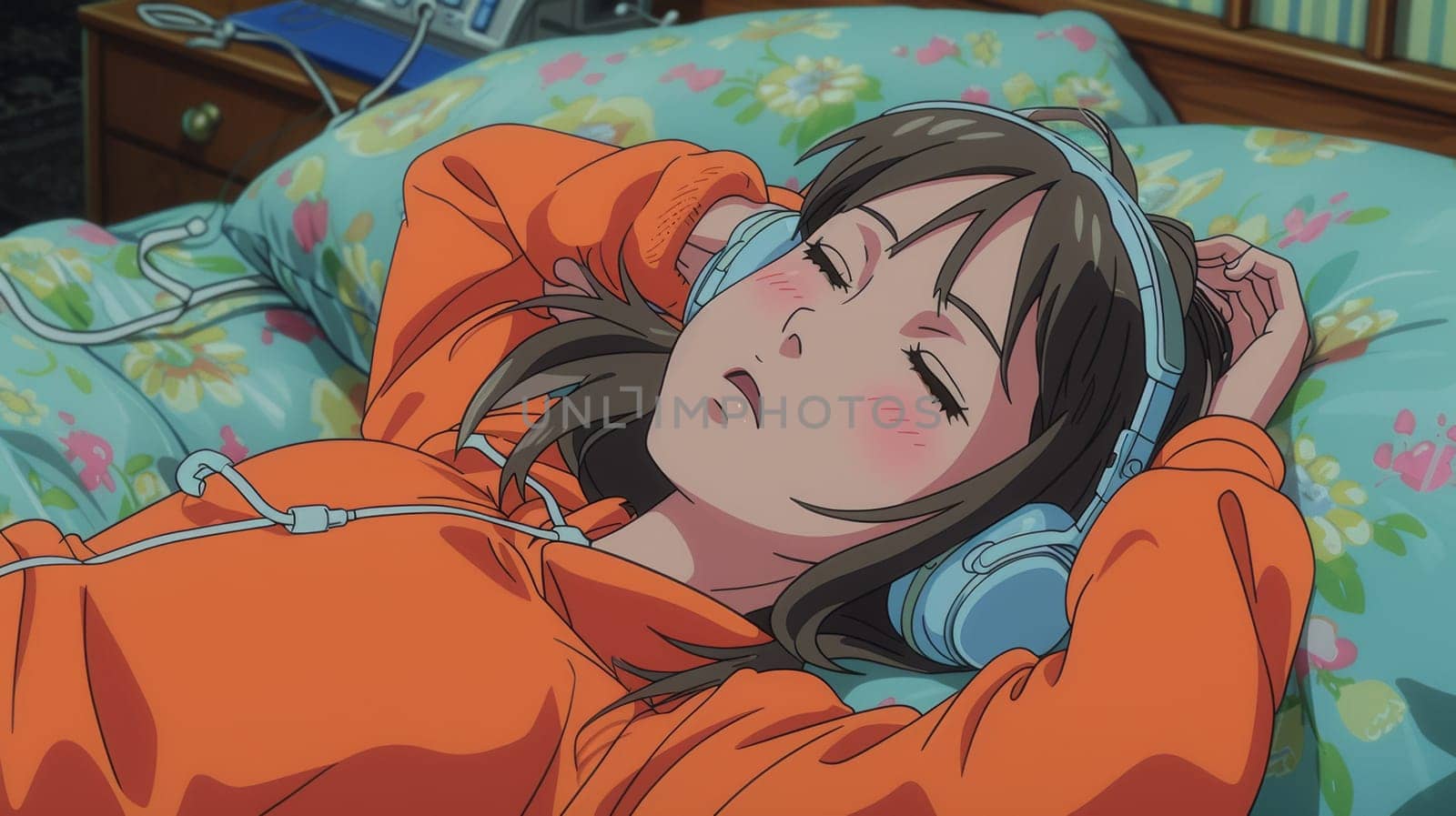 A woman laying on a bed with headphones listening to music