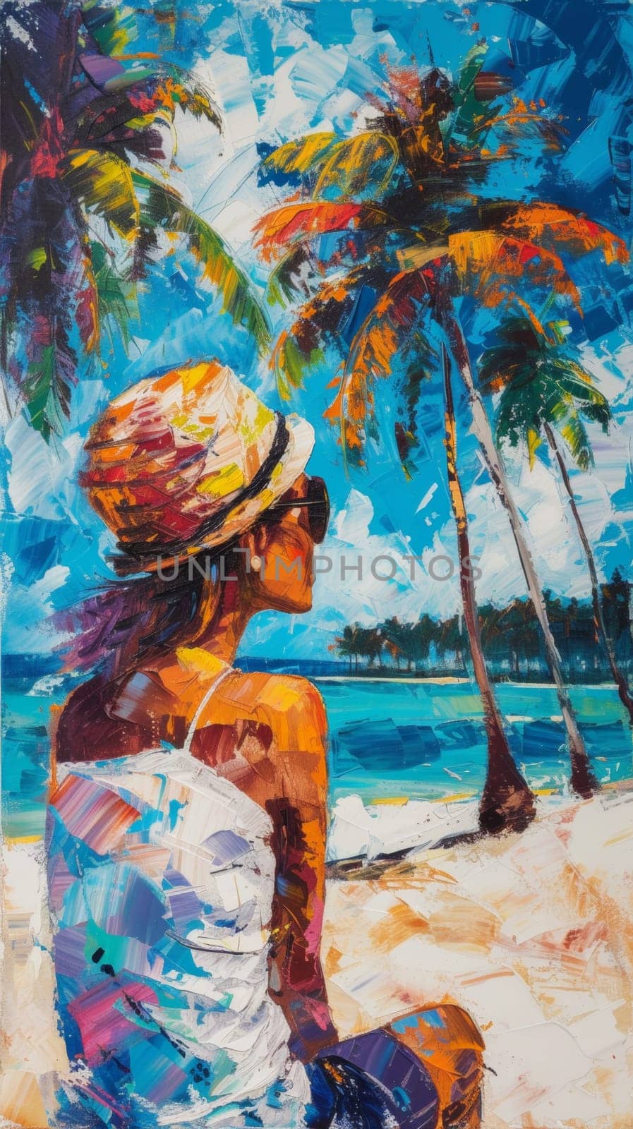 A painting of a woman sitting on the beach with palm trees in background