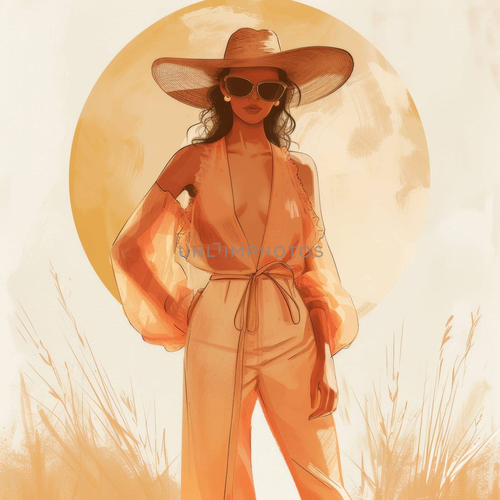 A woman in a hat and sunglasses standing next to the sun, AI by starush