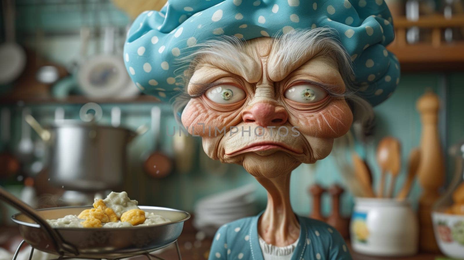 A cartoon character with a blue cap and an old fashioned kitchen