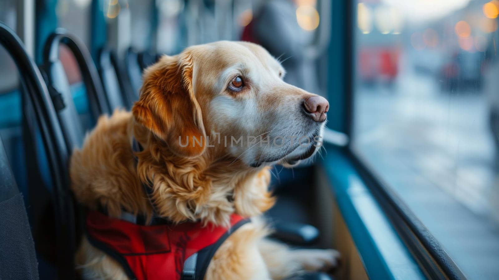 A dog wearing a harness sitting in the back of a bus