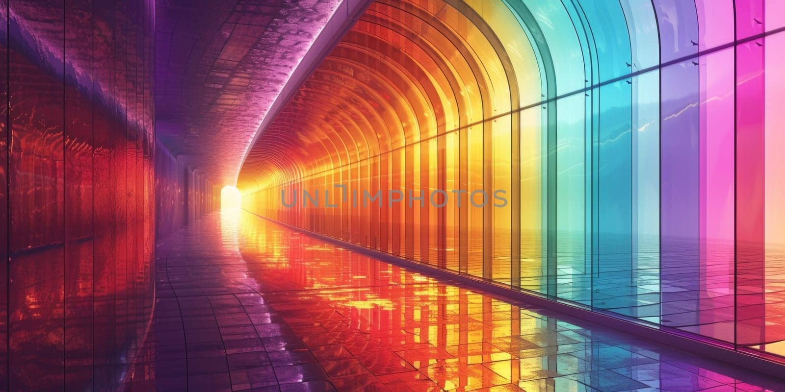 A long tunnel with a rainbow colored wall and floor, AI by starush