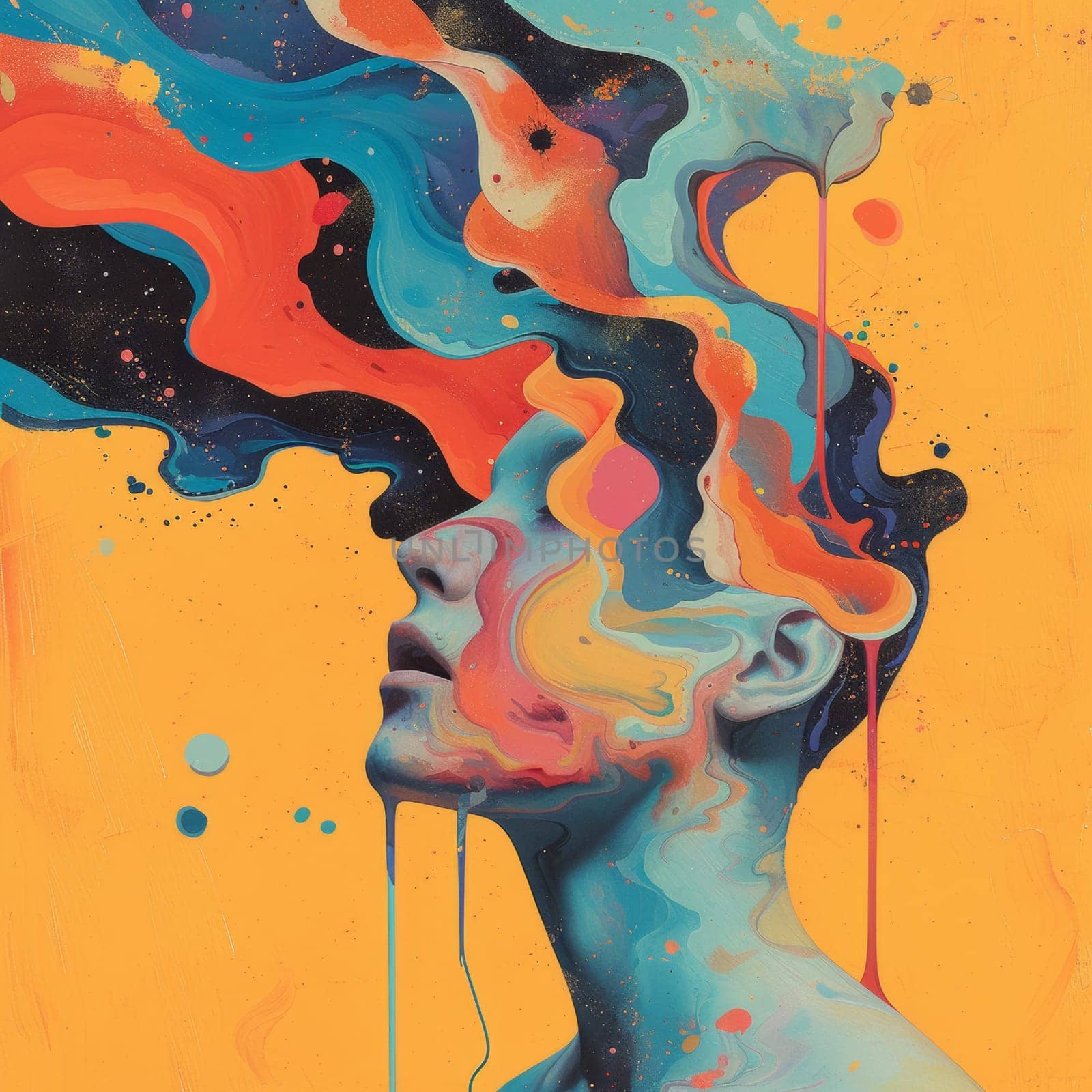 A painting of a woman with her head covered in paint, AI by starush