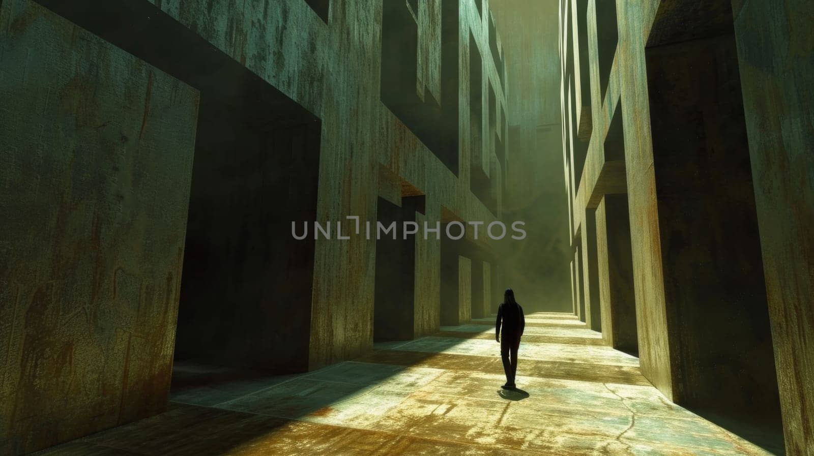 A person walking down a long hallway in an empty building