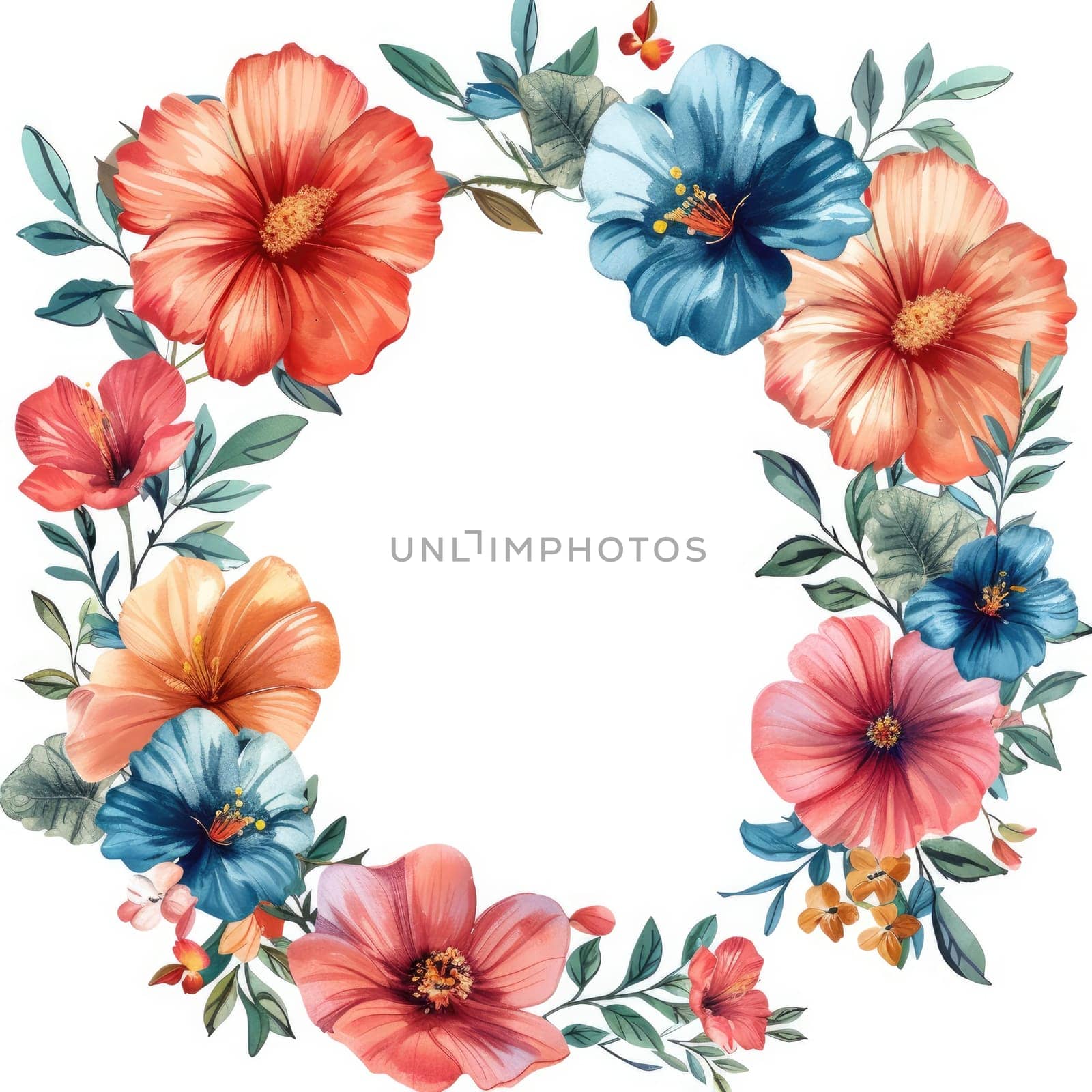 Watercolor flowers frame illustration for greeting card. Generative AI.