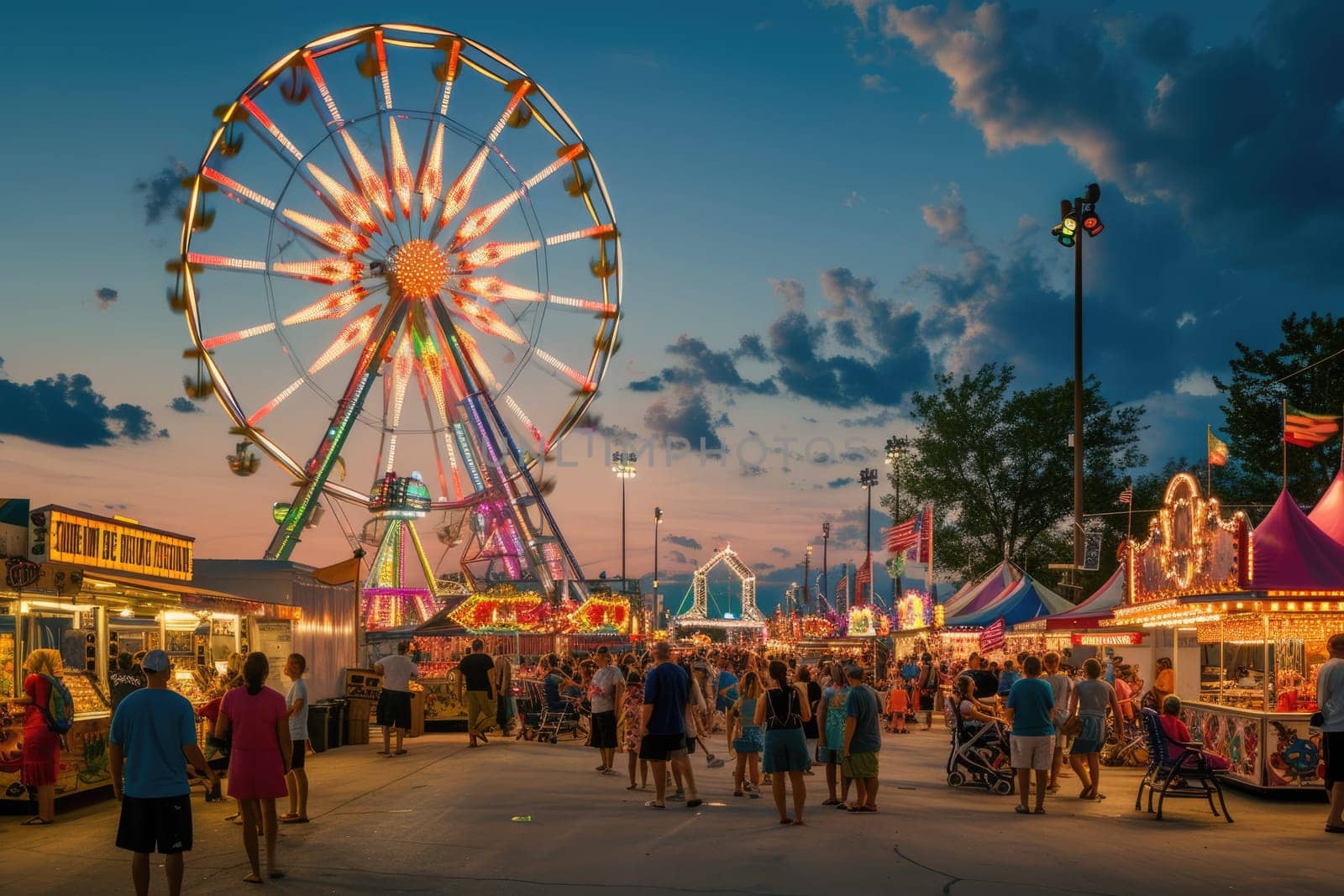 A lively carnival at dusk, Ferris wheel lights against the twilight sky, happy faces of families enjoying rides and games. Resplendent.