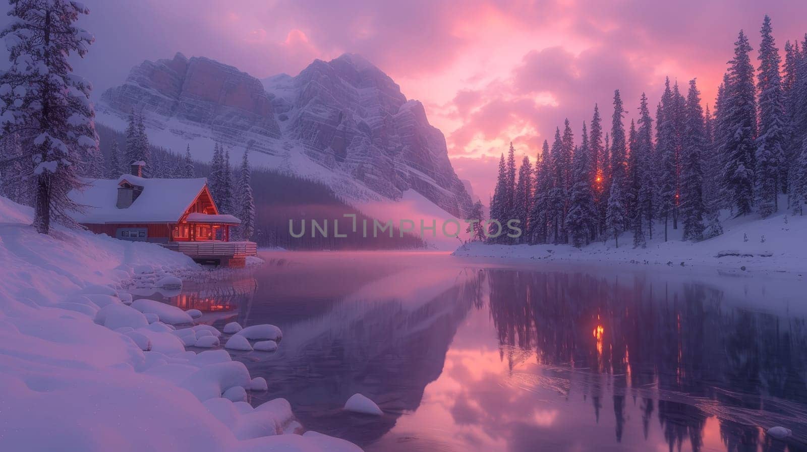 THE YOHO NATIONAL PARK - JANUARY 23, 2020: Emerald Lake at Sunset, Emerald Lake at Sunset