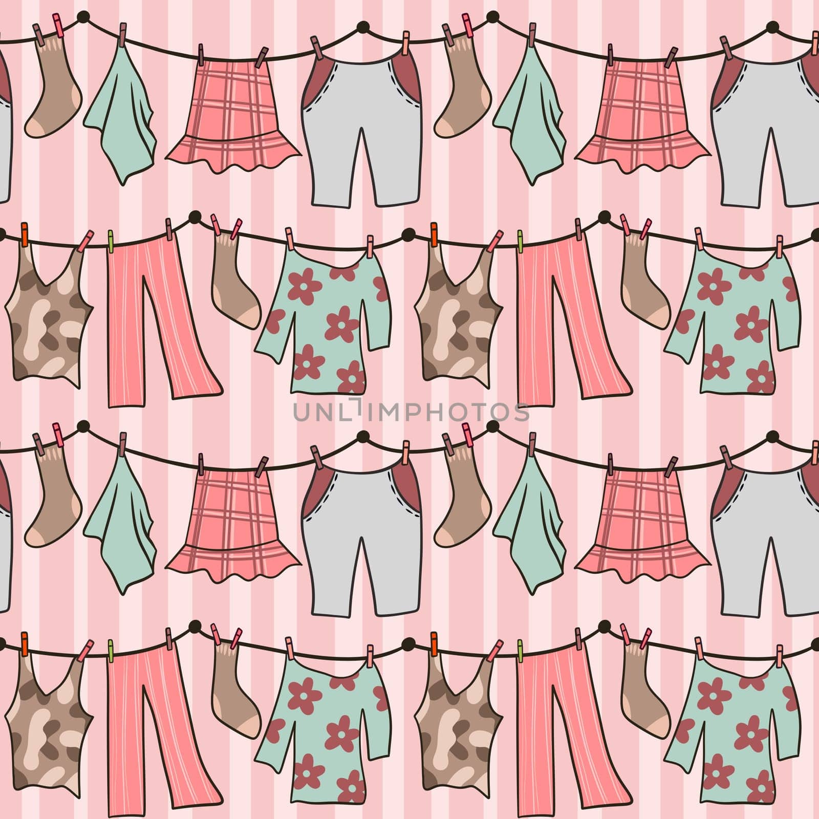 Hand drawn seamless pattern with pink pastel laundry clothesline hanging clothes. Dress pants socks on string line drying dry summer housework in beige orange green, cotton fabric fashion background. by Lagmar