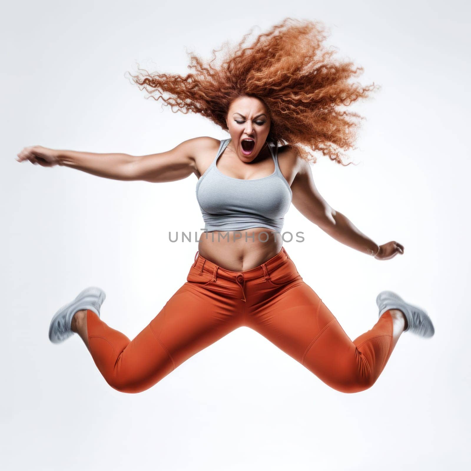 A woman jumping in the air with her arms outstretched, AI by starush