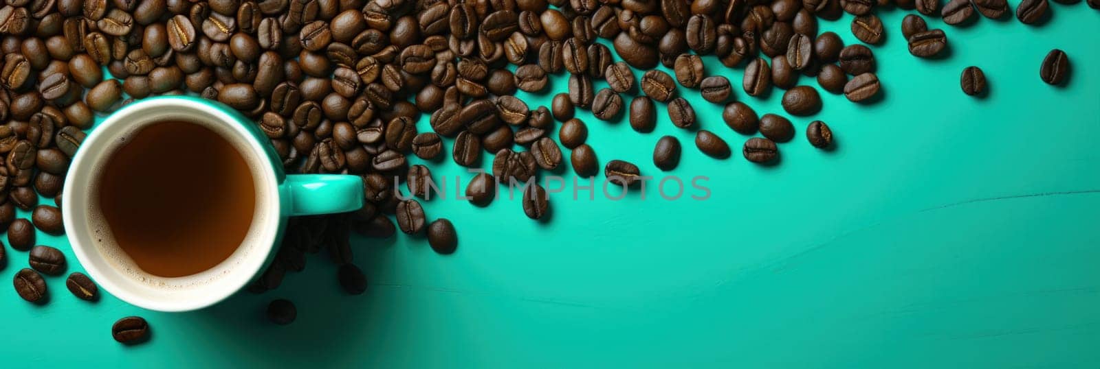 A cup of coffee surrounded by beans on a turquoise background