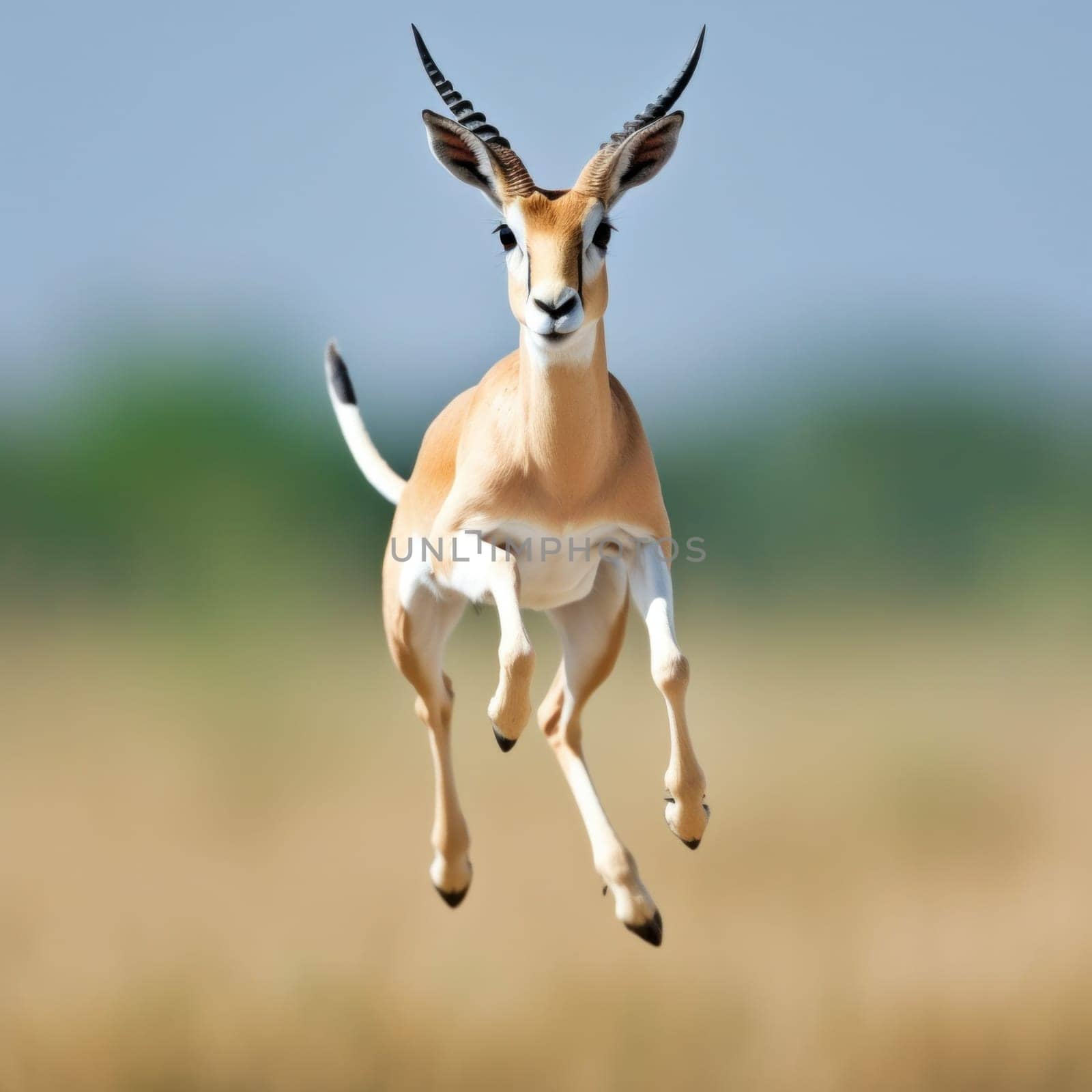A gazelle leaping through the air in a grassy field